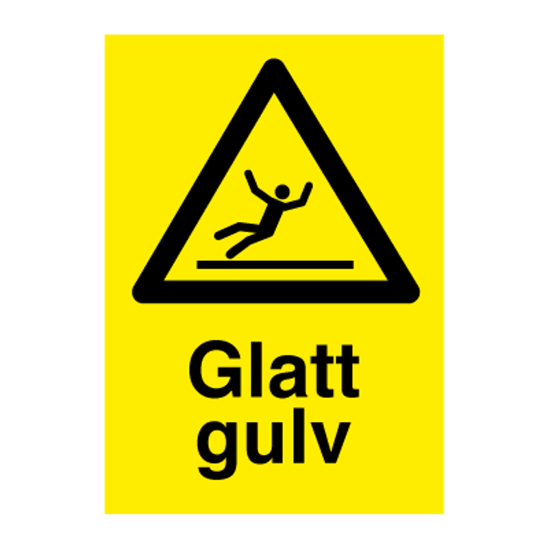 Glatt gulv - fareskilt med symbol og tekst