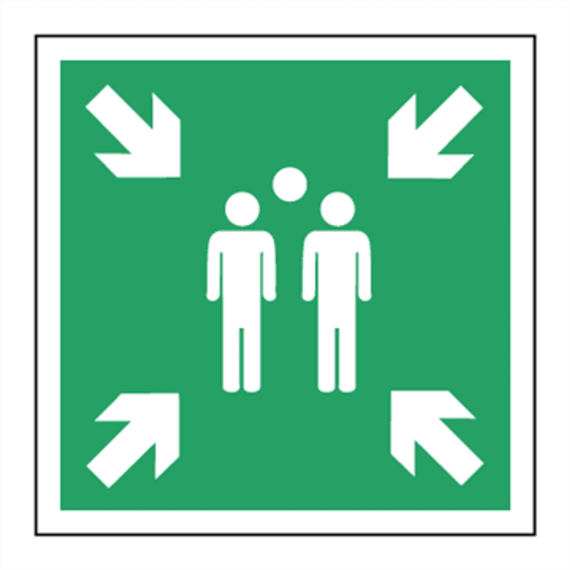 Skilt med symbol for møteplass ved brann og evakuering