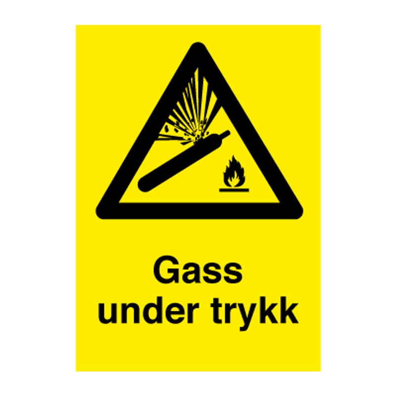 Gass under trykk - skilt med symbol og tekst