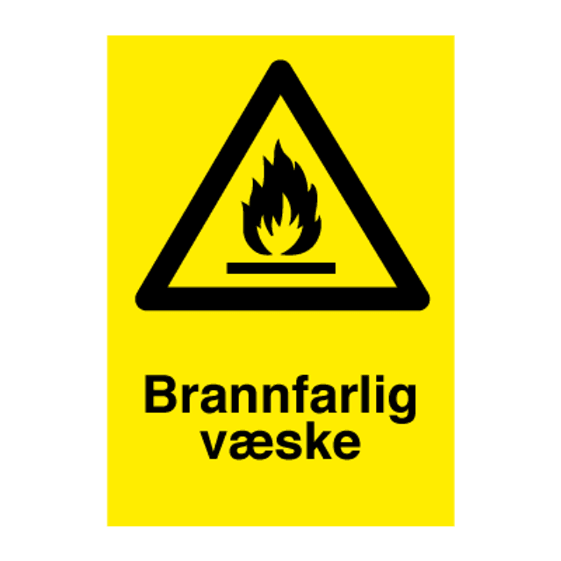Brannfarlig væske - Fareskilt med symbol og tekst