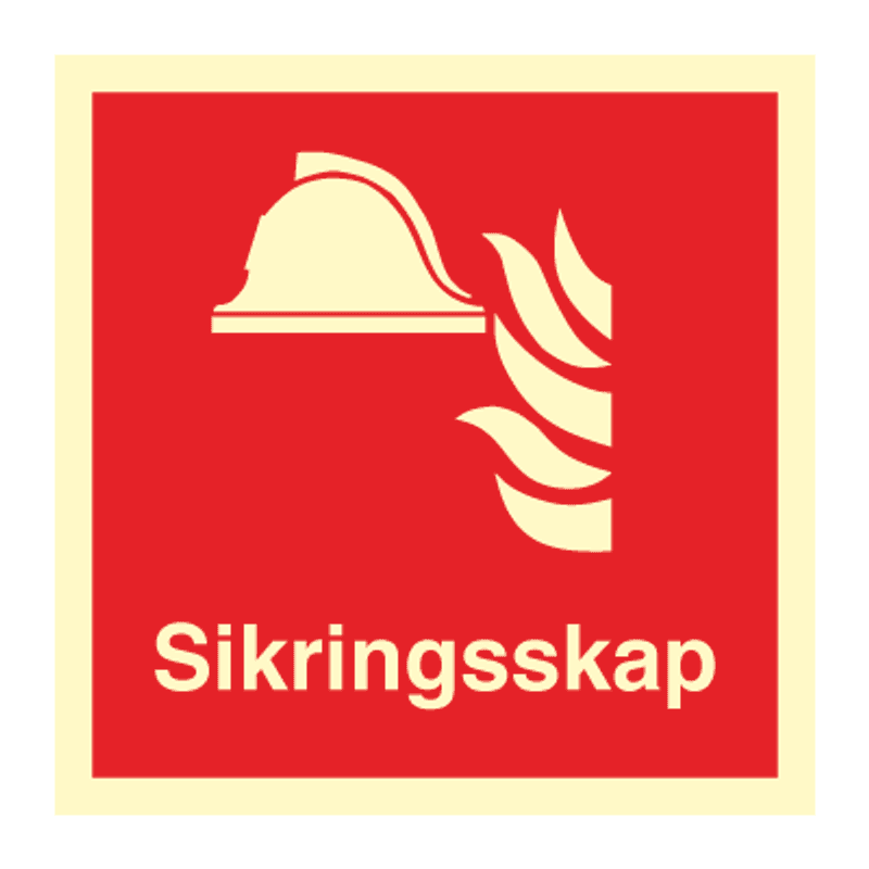 Sikringsskap - brannskilt med symbol og tekst