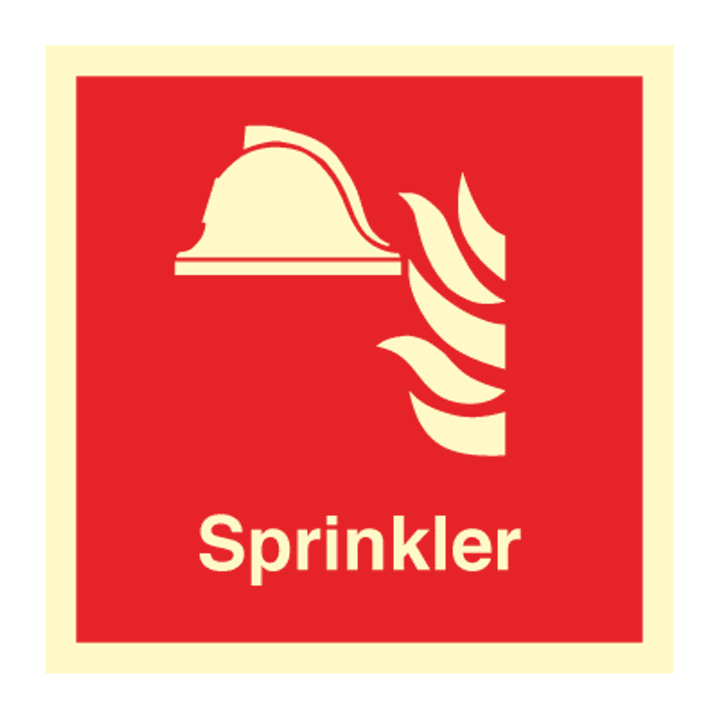 Sprinkler - brannskilt med symbol og tekst