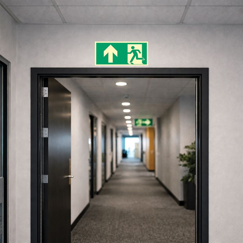 Nødutgangsskilt med pil opp – etterlysende rømningsskilt etter NS 3926