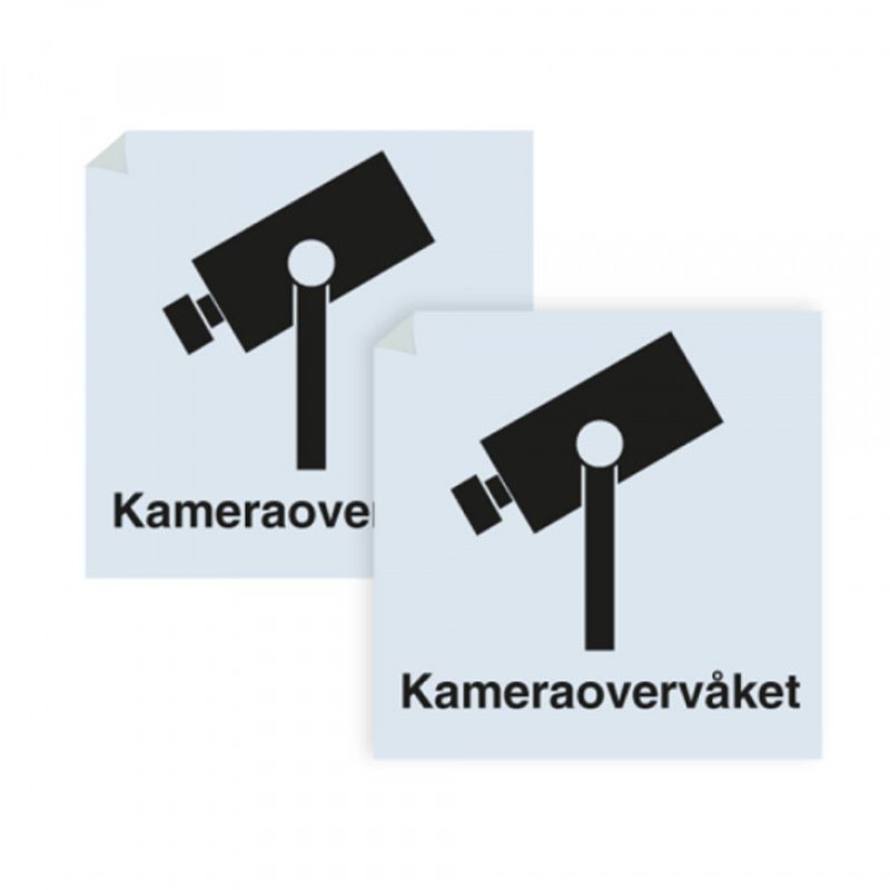 Kameraovervåket område - klistremerke med sort symbol og tekst