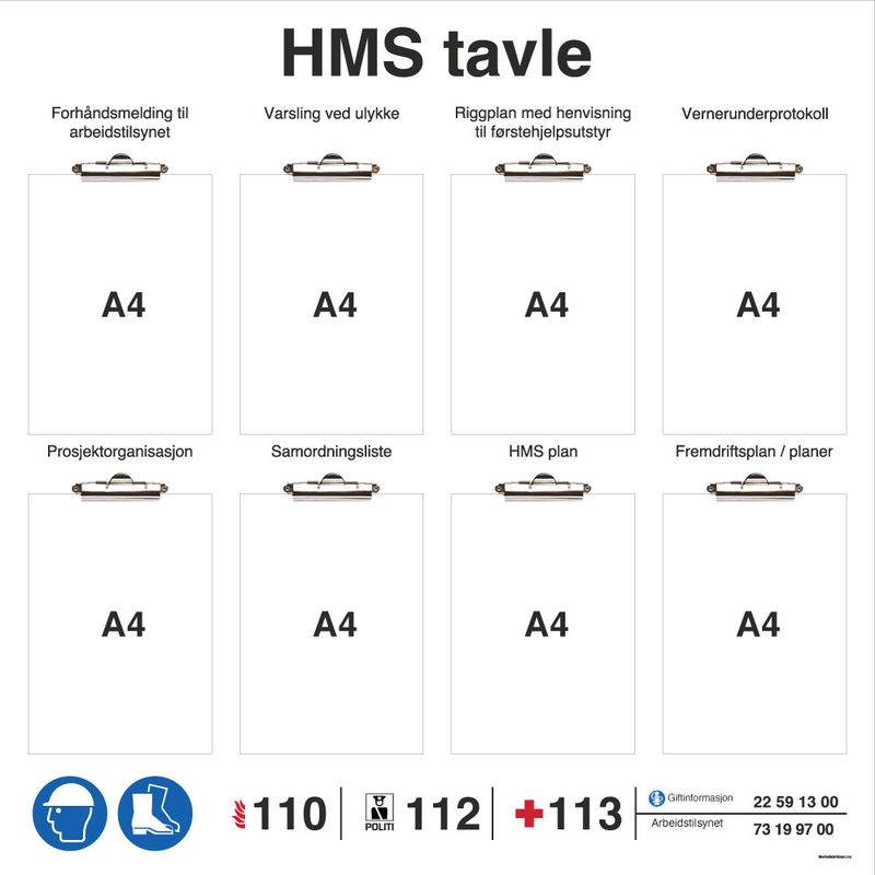 HMS tavle i aluminium med klyper 1000 x 1000 mm