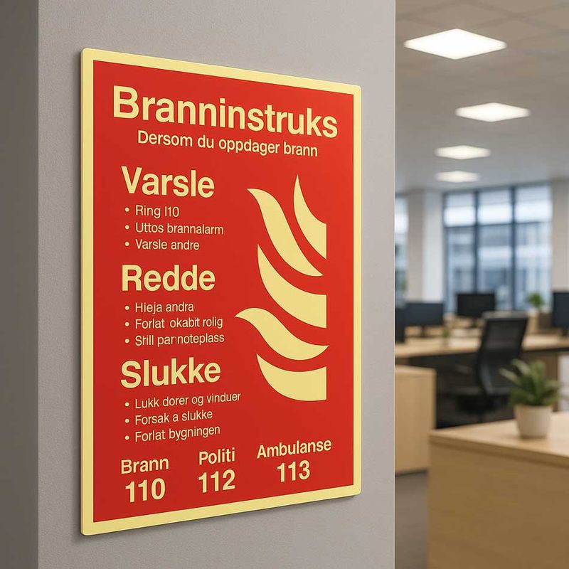Branninstruks ved brann - Skilt i A4 format