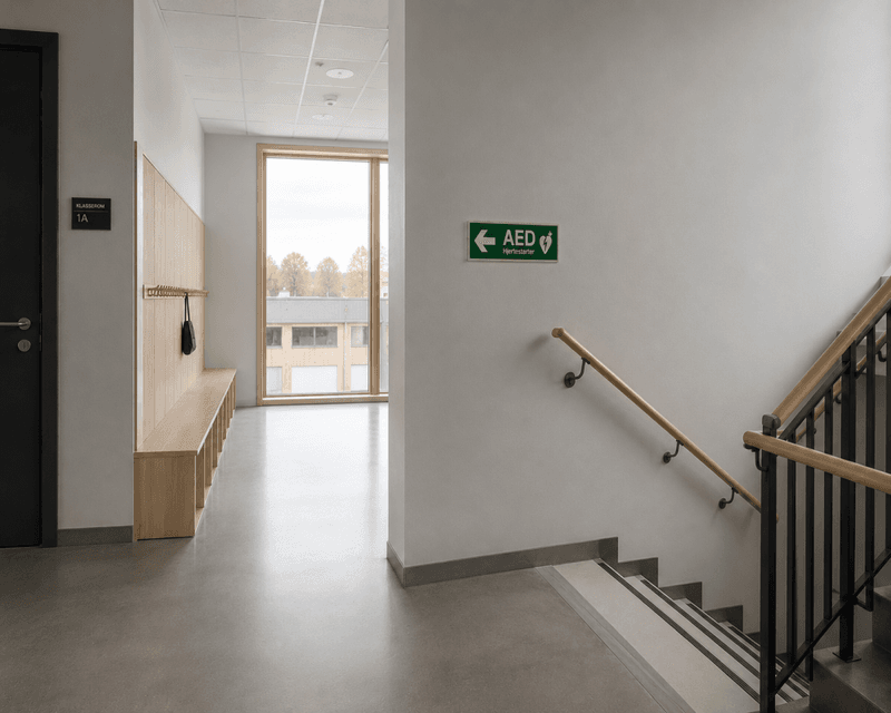 Hjertestarterskilt med pil til venstre - Etterlysende Retningsskilt