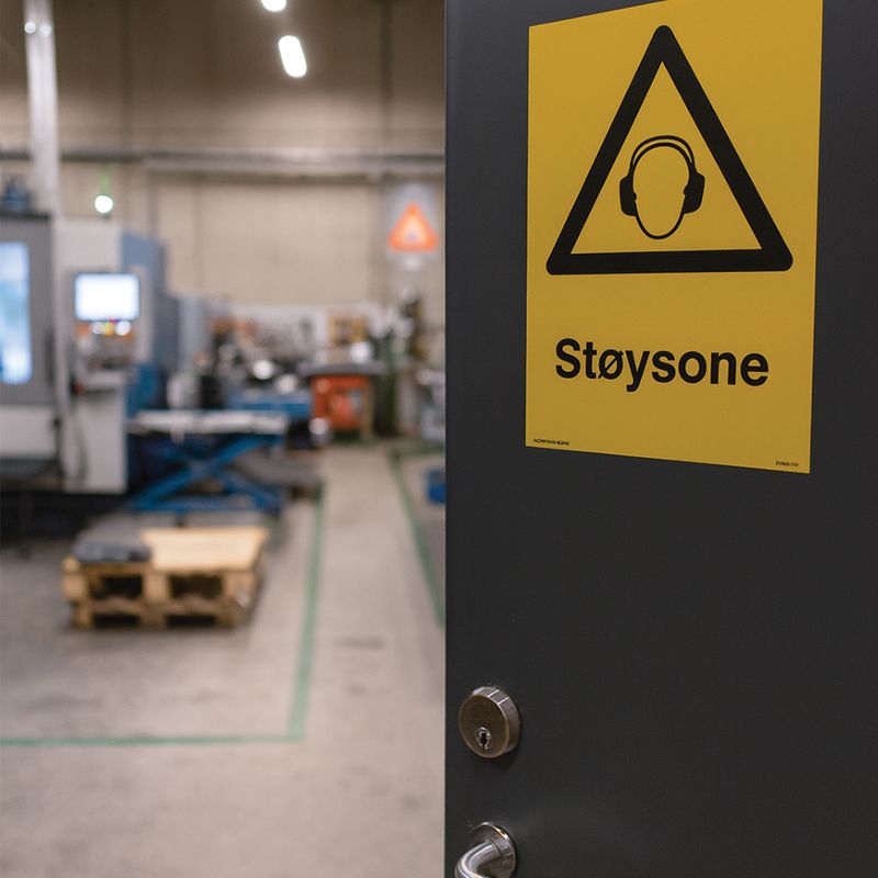 Støysone - fareskilt med symbol og tekst