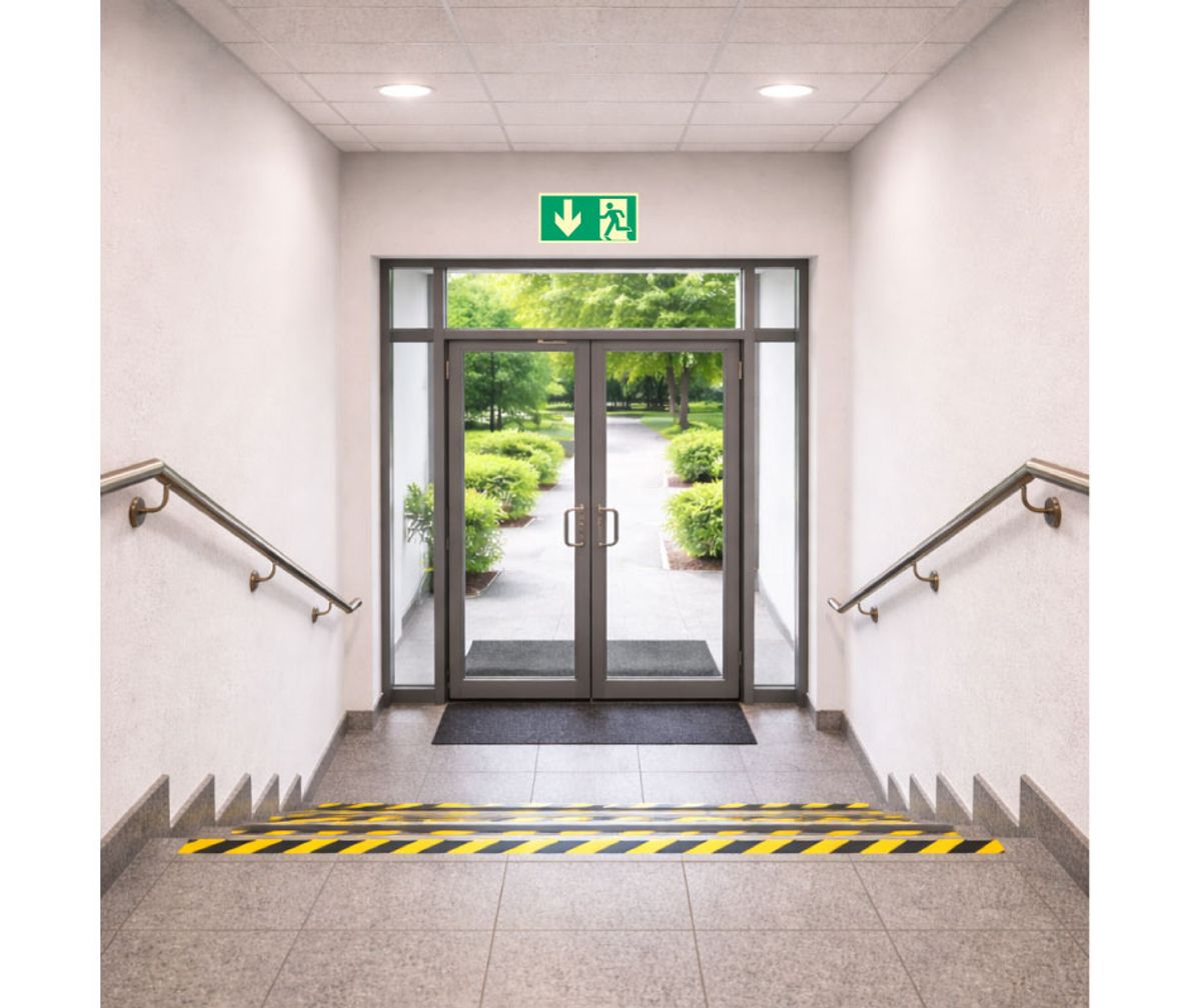 Nødutgangsskilt med pil ned for rømningsvei 