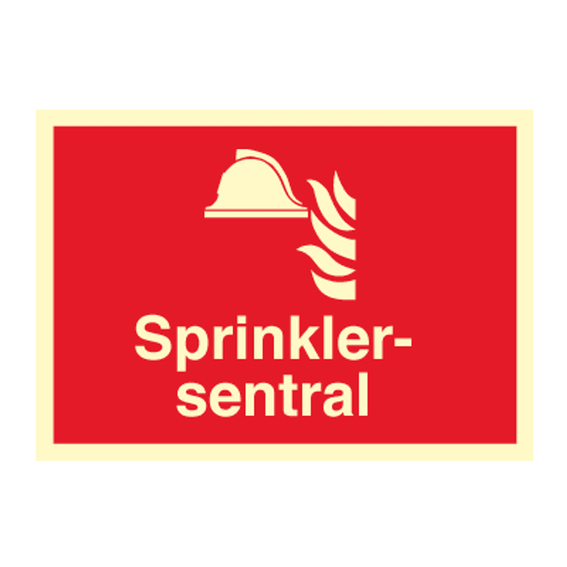 Sprinkler - brannskilt med symbol og tekst