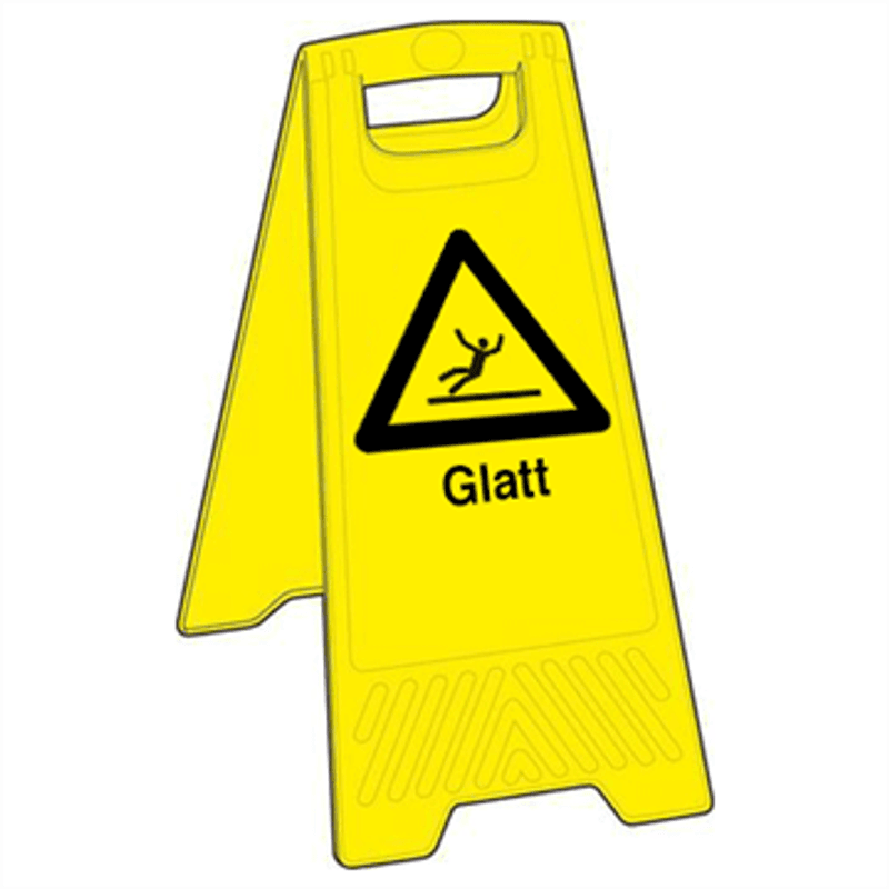 Glatt gulv - fareskilt med symbol og tekst